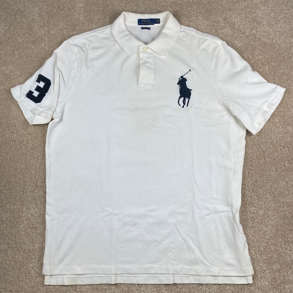 Polo Ralph Lauren Mens Big Pony Classic Fit Polo Shirt White Navy Blue Large